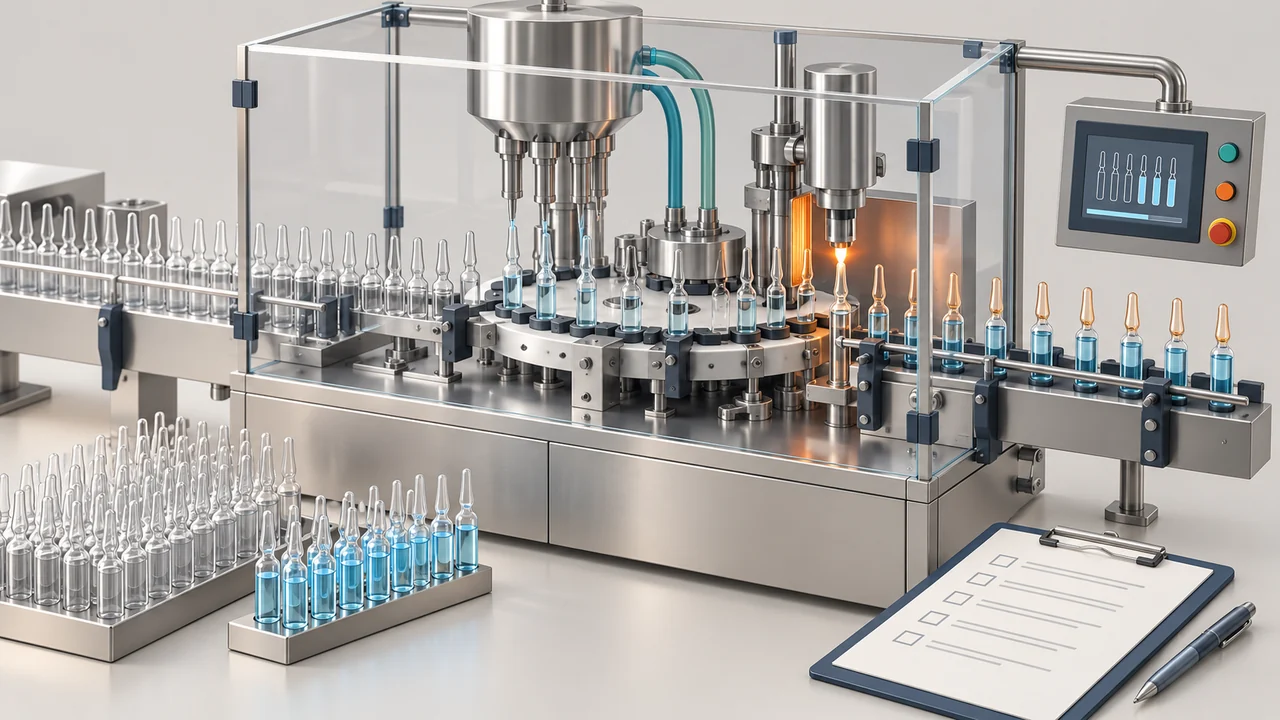 AI-generated conceptual illustration of Ampoule Filling and Sealing: Prepare a Useful Trial Record; final configuration varies.