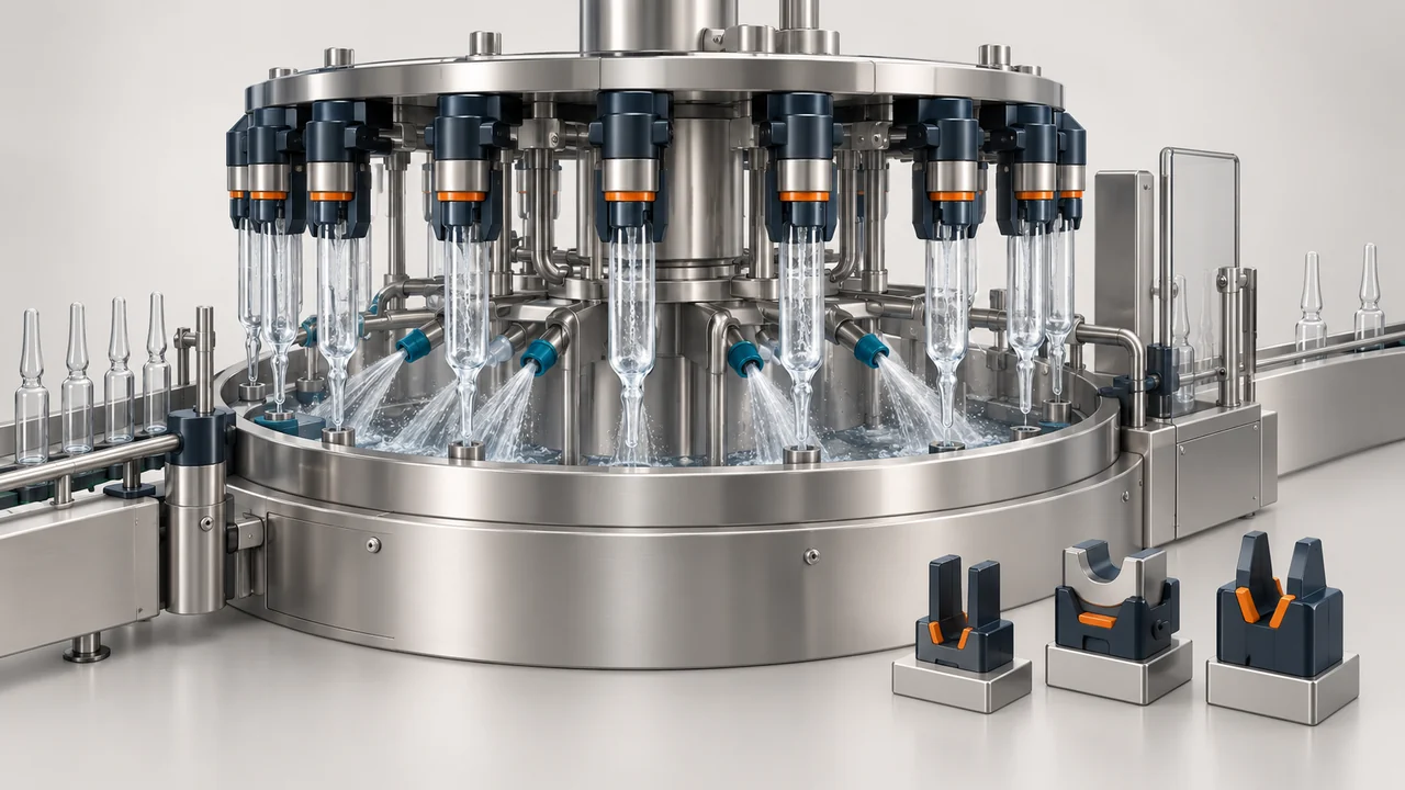 AI-generated conceptual illustration of Ampoule Washing Machines: Review Glass Handling and Format Parts; final configuration varies.