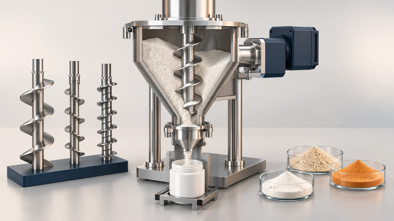 AI-generated conceptual illustration of Auger and Servo Powder Filling: Match Tooling to the Actual Powder; final configuration varies.