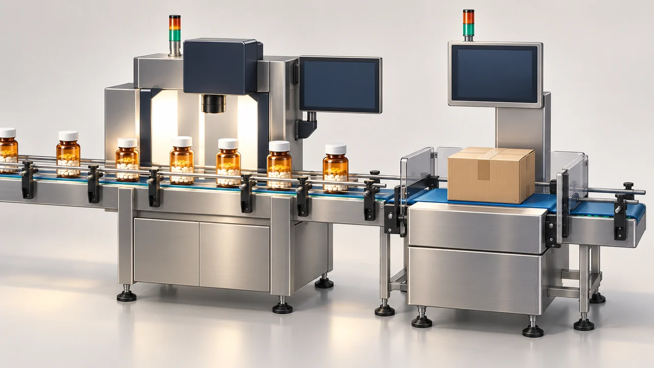 AI-generated conceptual illustration of Bottle Inspection and Carton Weight Checking: Define What Each Check Detects; final configuration varies.