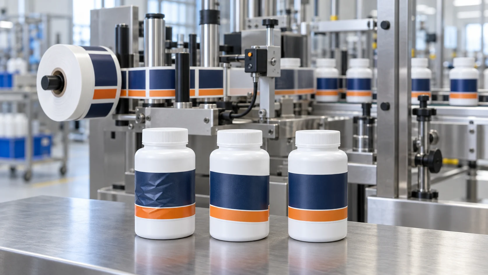 AI-generated illustration of bottle labeling inspection with wrinkled, skewed and aligned label samples beside a labeling station