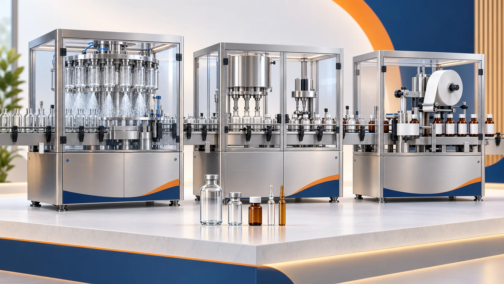 Conceptual bottle packaging line showing washing, liquid filling, capping and sticker labeling stations