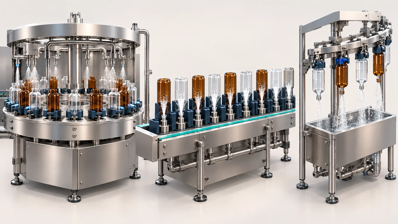 AI-generated conceptual illustration of Bottle Washing Machines: Compare Infeed and Container Support; final configuration varies.