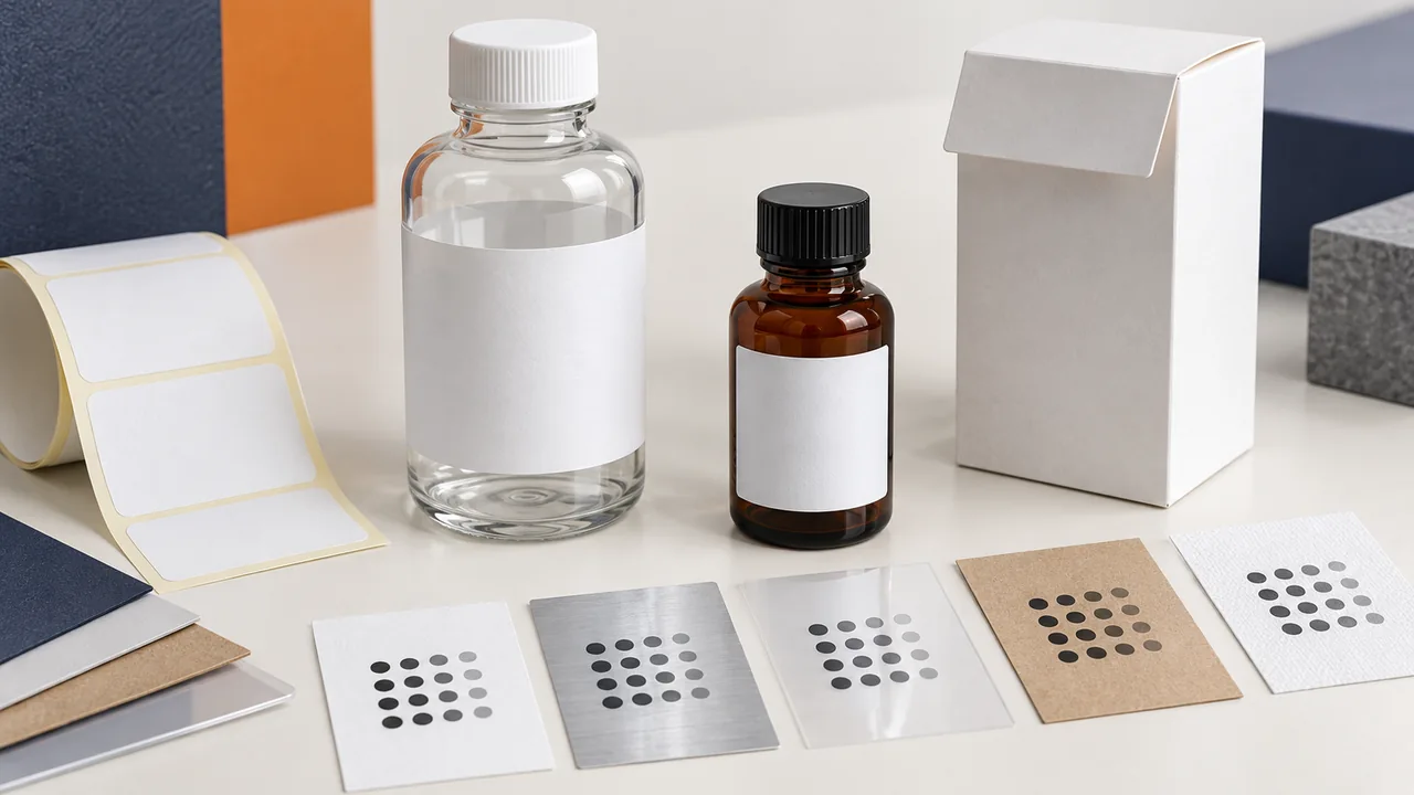 AI-generated conceptual illustration of bottles, label liner, carton and surface trial samples