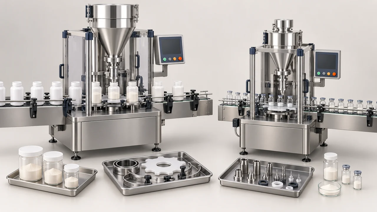 AI-generated conceptual illustration of Dry Syrup and Injectable Powder Filling: Samples, Dust and Changeover; final configuration varies.