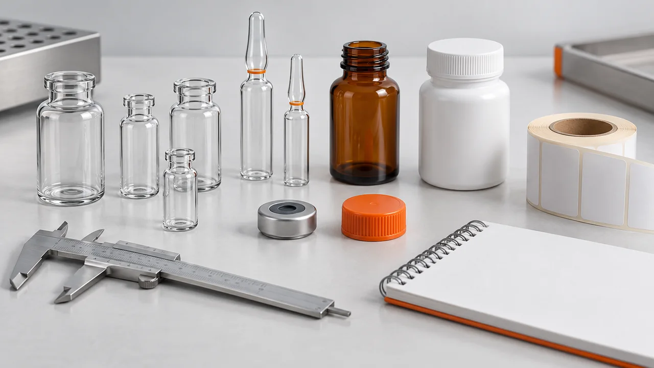 AI concept illustration of empty containers, closures and a packaging sample notebook