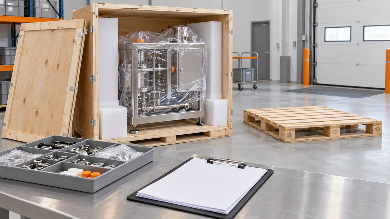 AI concept illustration of a generic machinery crate, parts tray and receipt papers