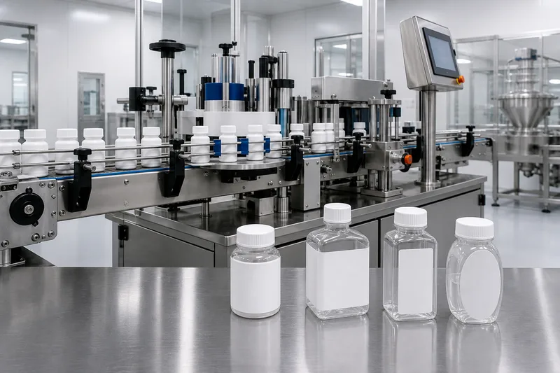 Automatic sticker labeling machine with round, square, rectangular and oval bottle samples