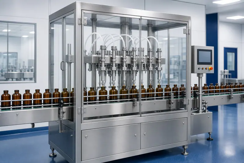 Illustration of an automatic pharmaceutical liquid filling machine with amber bottles on a stainless-steel conveyor