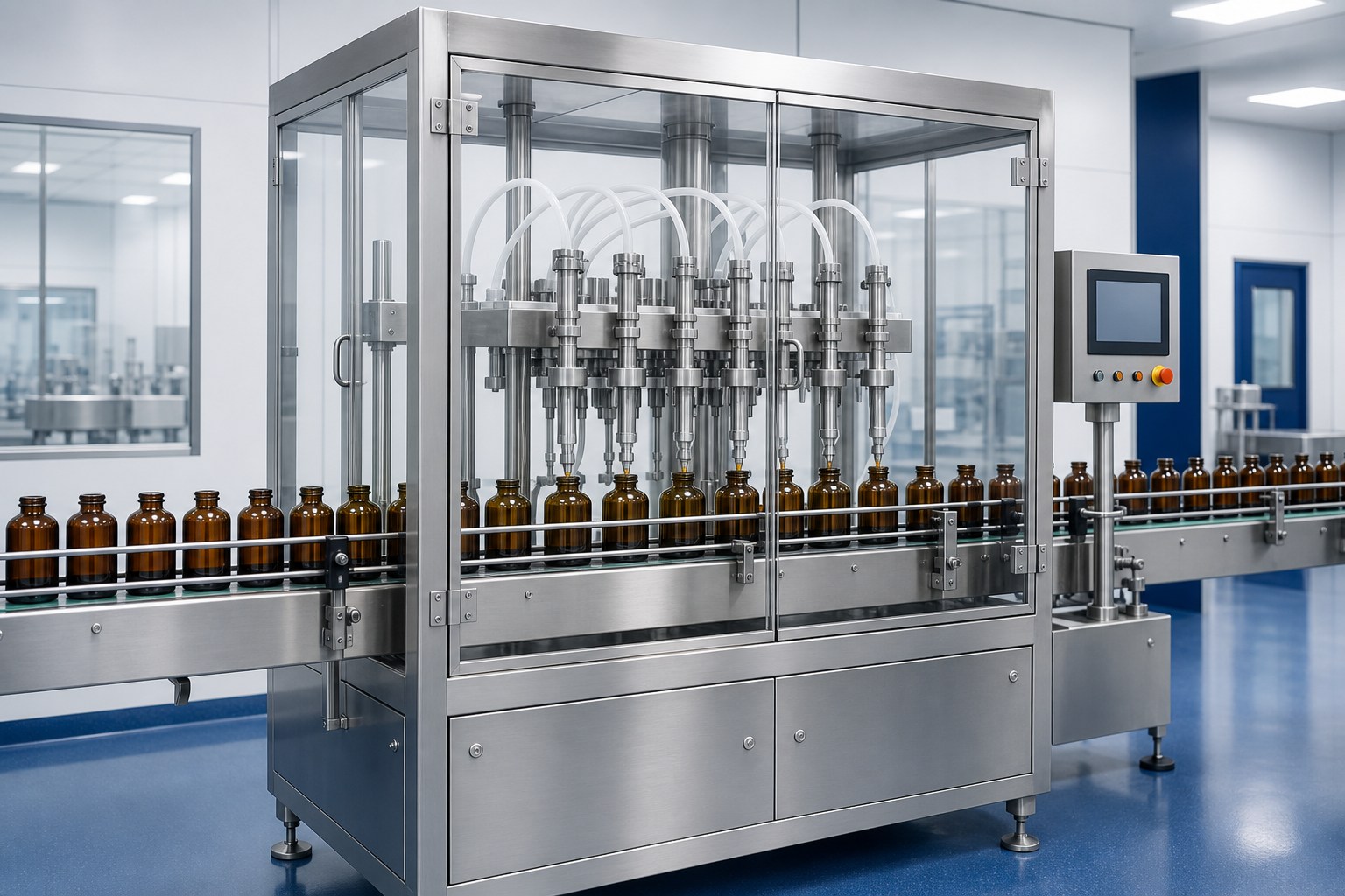 Illustration of an automatic pharmaceutical liquid filling machine with amber bottles on a stainless-steel conveyor