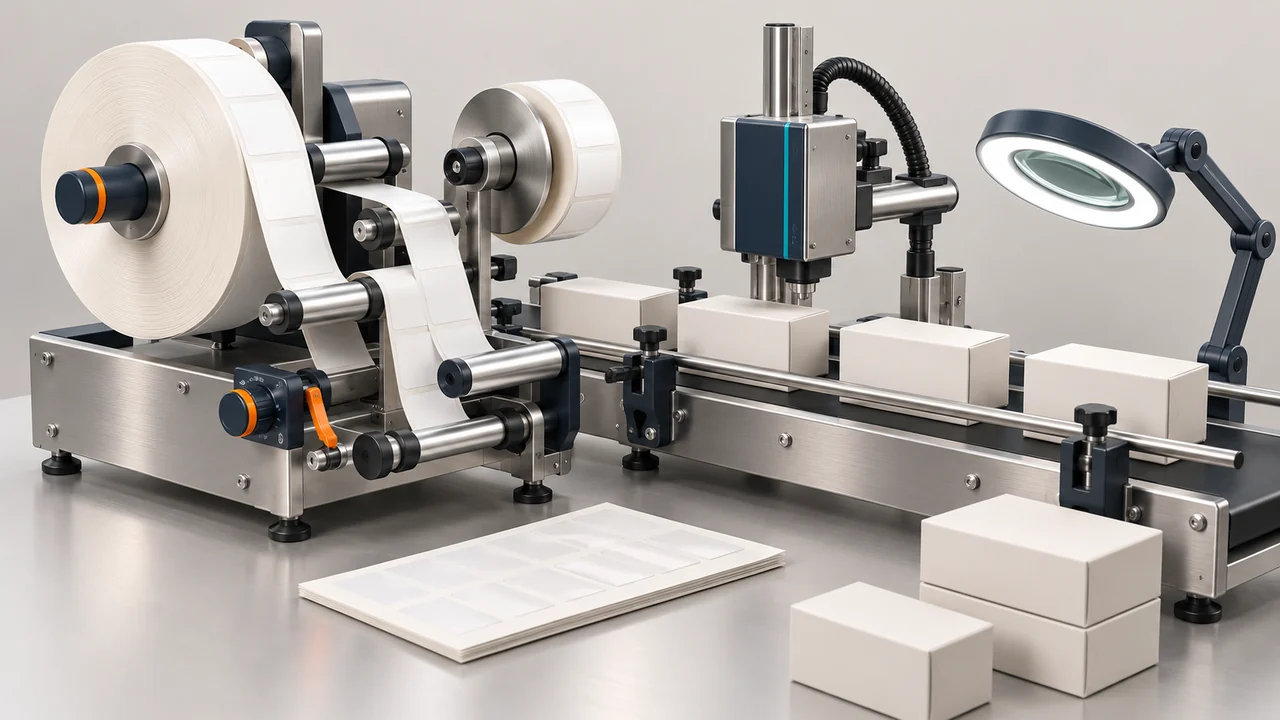 AI-generated conceptual illustration of Label Rewinding and Batch Coding: Plan Print Setup and Checks; final configuration varies.