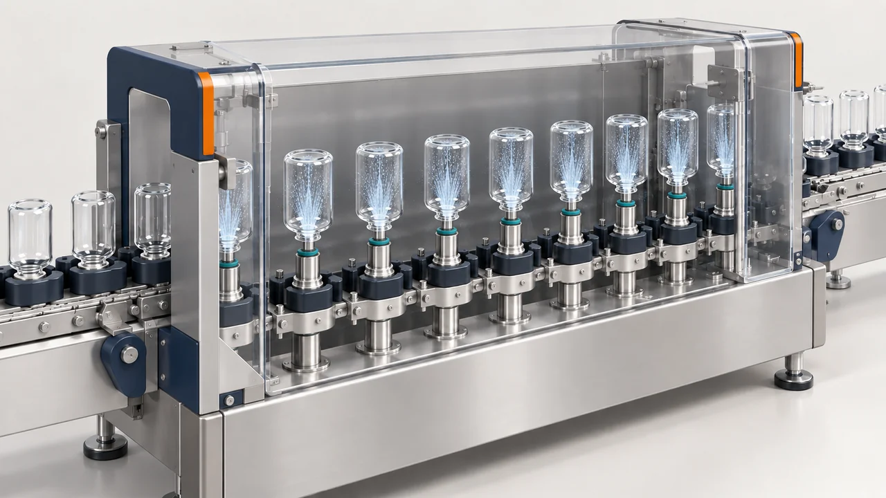 AI-generated conceptual illustration of Linear Tunnel Vial Washer: Pocket Indexing and Spray Alignment; final configuration varies.