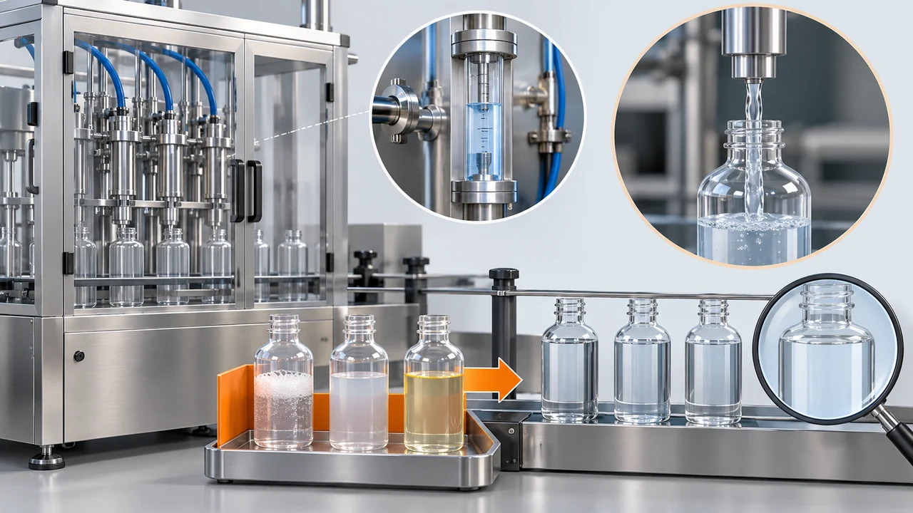 AI-generated conceptual illustration of identified first-off bottles beside a stopped liquid filler
