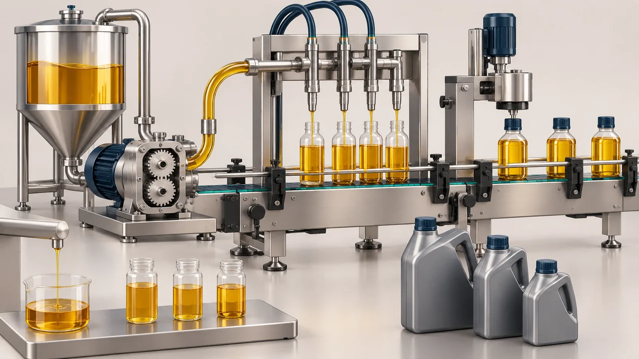 AI-generated conceptual illustration of Oil Filling Machines: Viscosity, Drip Control and Bottle Trials; final configuration varies.