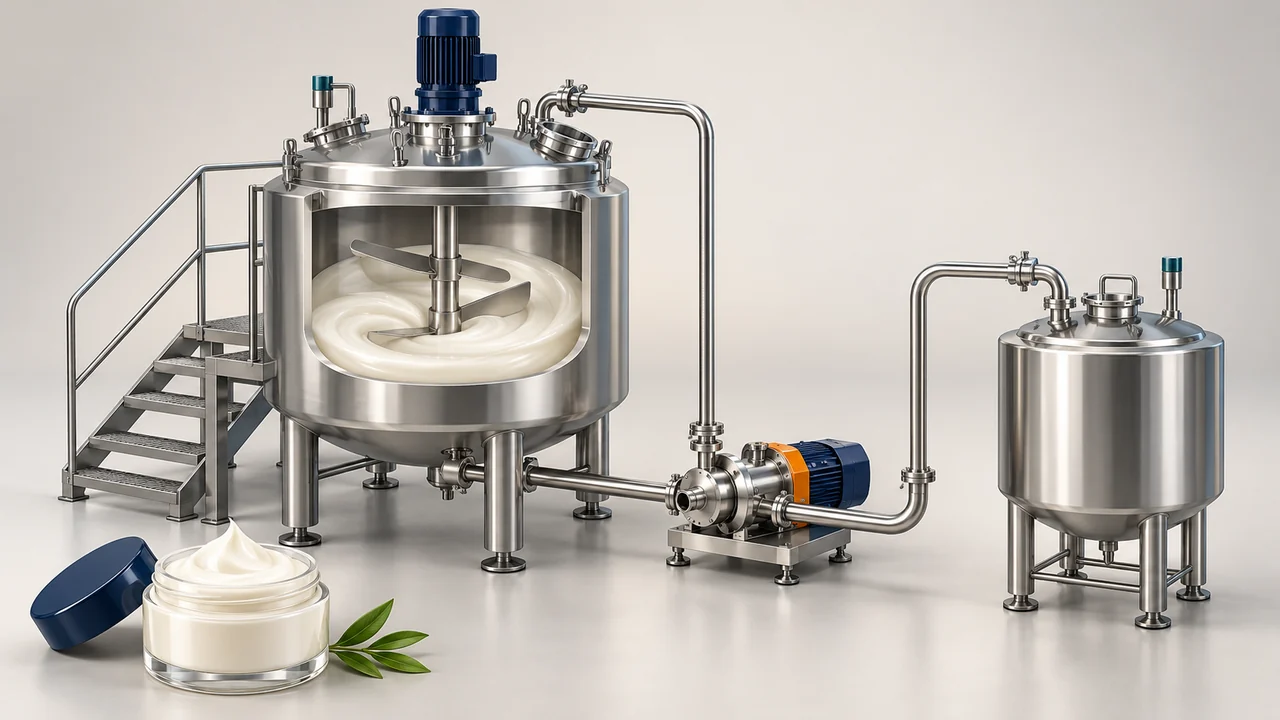 AI-generated conceptual illustration of Ointment Manufacturing Plant: Plan Mixing, Transfer and Batch Access; final configuration varies.