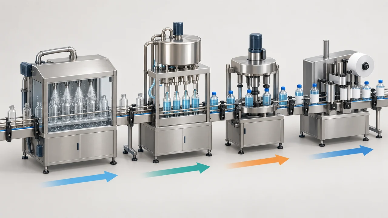AI-generated conceptual illustration of Packaging Line Bottlenecks: Match Washer, Filler, Capper and Labeler; final configuration varies.