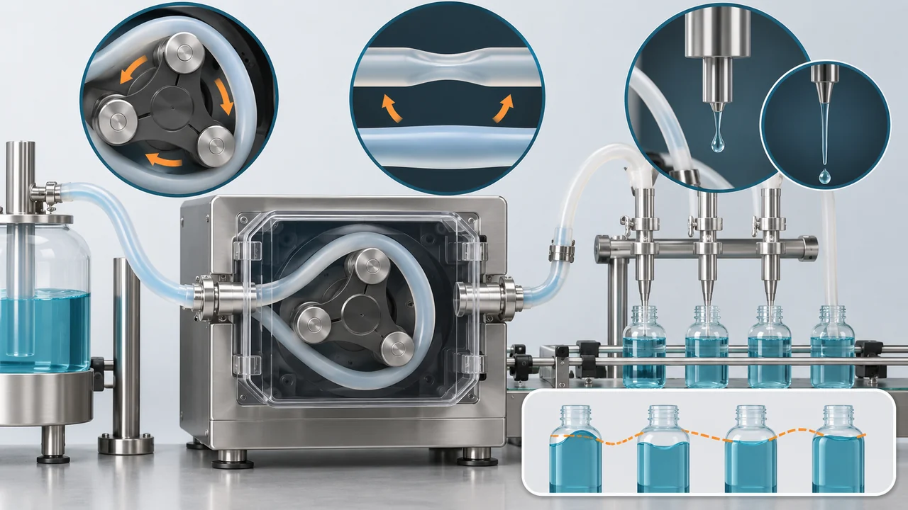 AI-generated conceptual illustration of peristaltic rollers, tubing and observed liquid delivery pulses