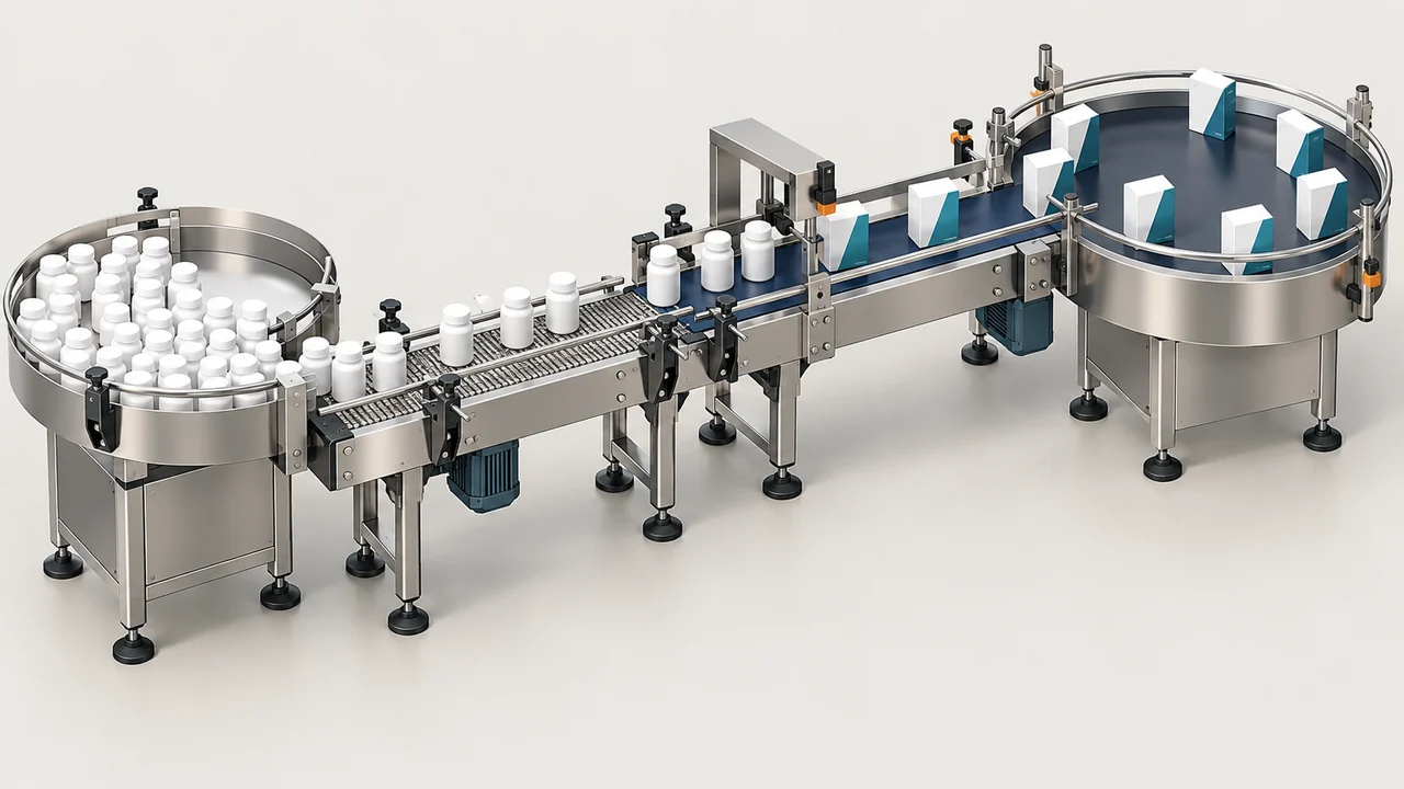 AI-generated conceptual illustration of Pharma Conveyors and Turntables: Plan Transfers and Short Buffers; final configuration varies.