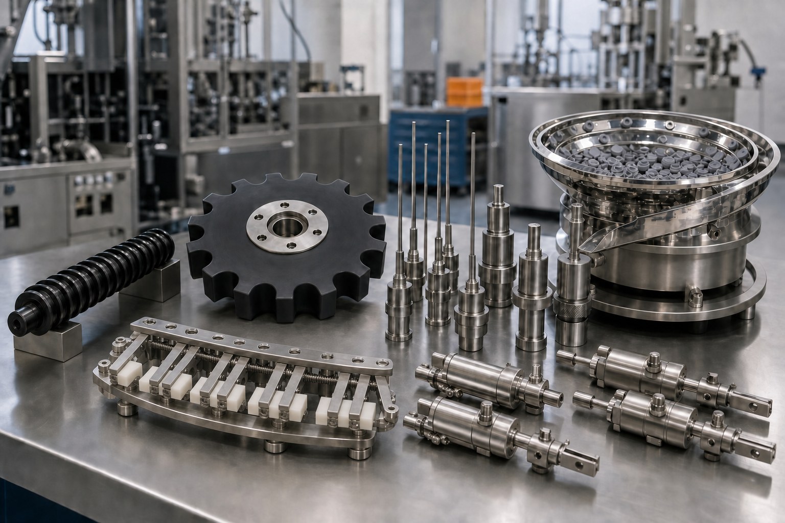 Pharmaceutical machine change parts including black Delrin feed worm and star wheel, gripper set, filling needles, nozzles and volumetric syringe assemblies