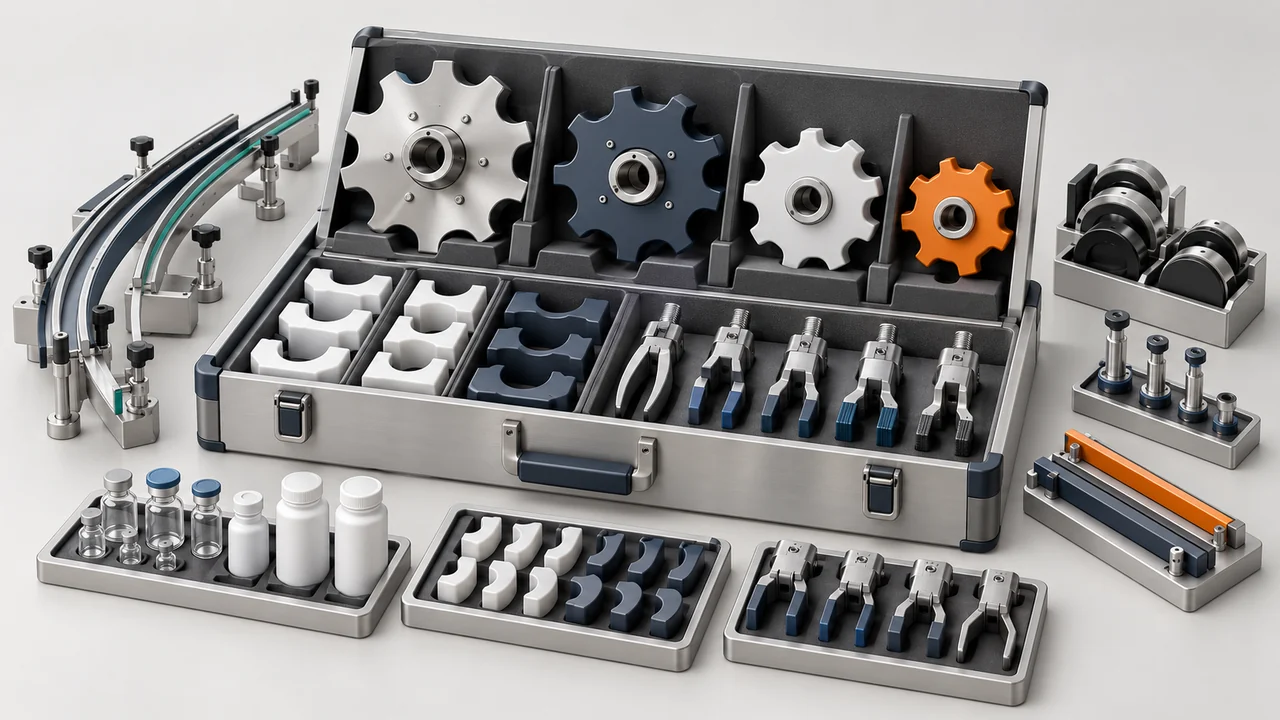 AI-generated conceptual illustration of Machine Change Parts: Build a Complete Format-Specific Order; final configuration varies.
