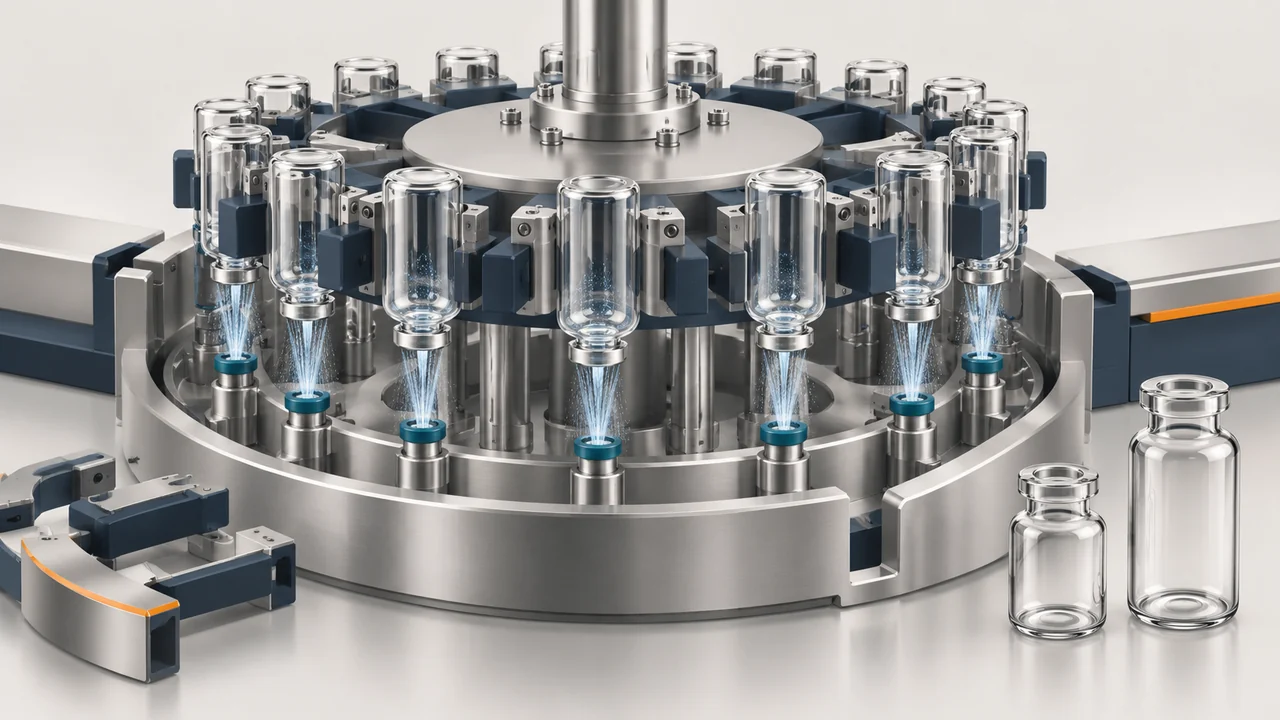AI-generated conceptual illustration of Rotary Gripper Vial Washer: Format Changeover and Nozzle Clearance; final configuration varies.
