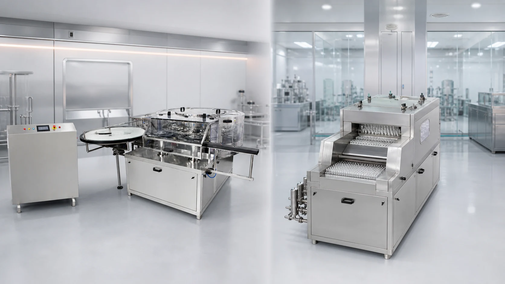 Rotary gripper vial washing machine on the left and linear tunnel vial washing machine on the right in a pharmaceutical cleanroom