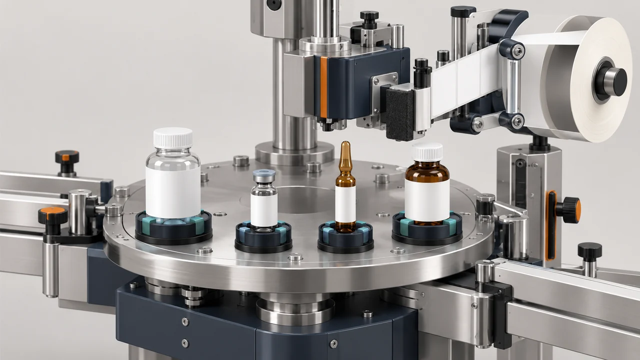 AI-generated conceptual illustration of Round Bottle, Rotary, Vial and Ampoule Labeling: Plan Format Changeover; final configuration varies.