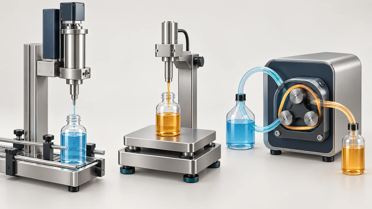 AI-generated conceptual illustration of Servo Piston, Load Cell or Peristaltic Filling: Match the Dosing Method; final configuration varies.