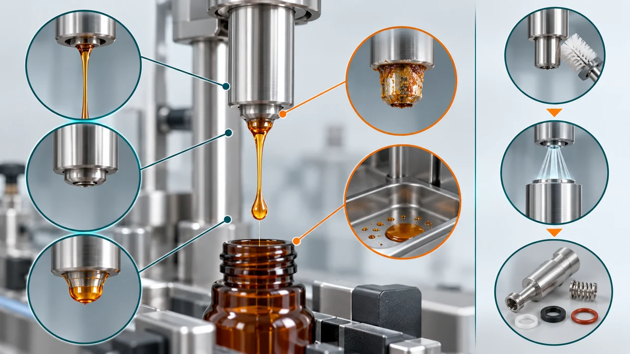 AI-generated conceptual illustration distinguishing a syrup strand, nozzle wetting and a hanging drop
