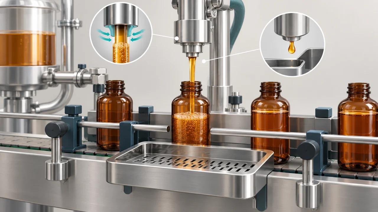 AI-generated conceptual illustration of Syrup and Bottle Liquid Filling: Manage Foam, Drips and Fill Setup; final configuration varies.