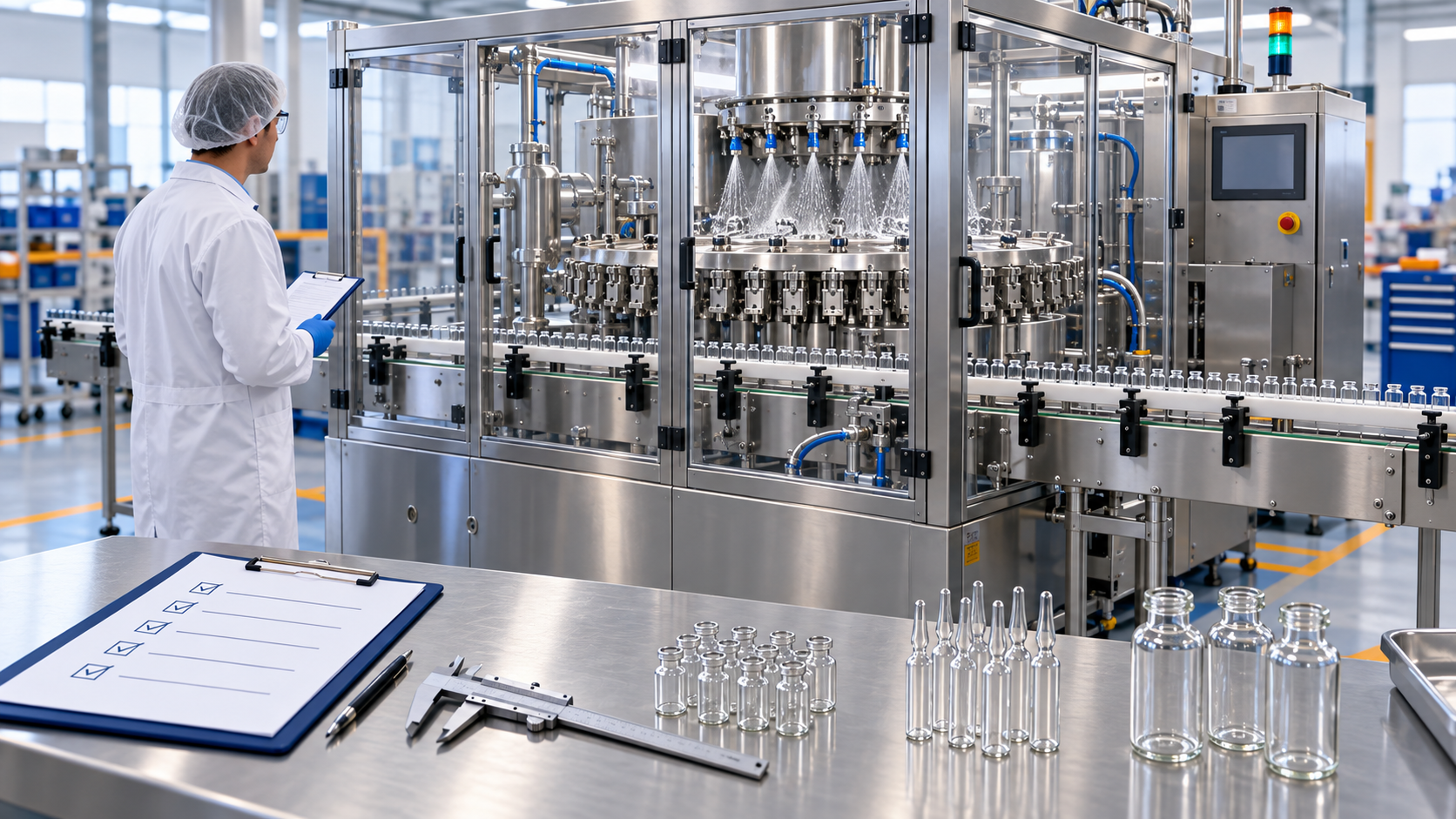 AI-generated concept of a washing-machine inspection with separate vial, ampoule and bottle samples and a FAT checklist