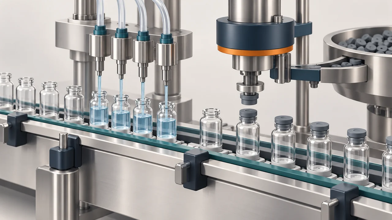 AI-generated conceptual illustration of Vial Filling and Rubber Stoppering: Plan the Container and Line Interface; final configuration varies.