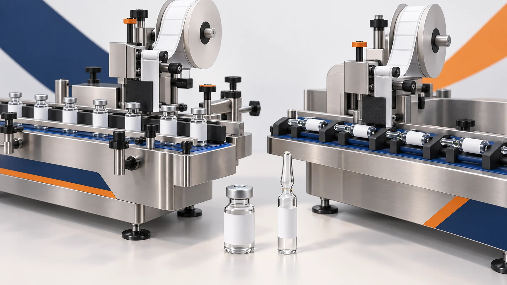 AI illustration comparing capped vial and sealed ampoule labeling concepts with pressure-sensitive label rolls