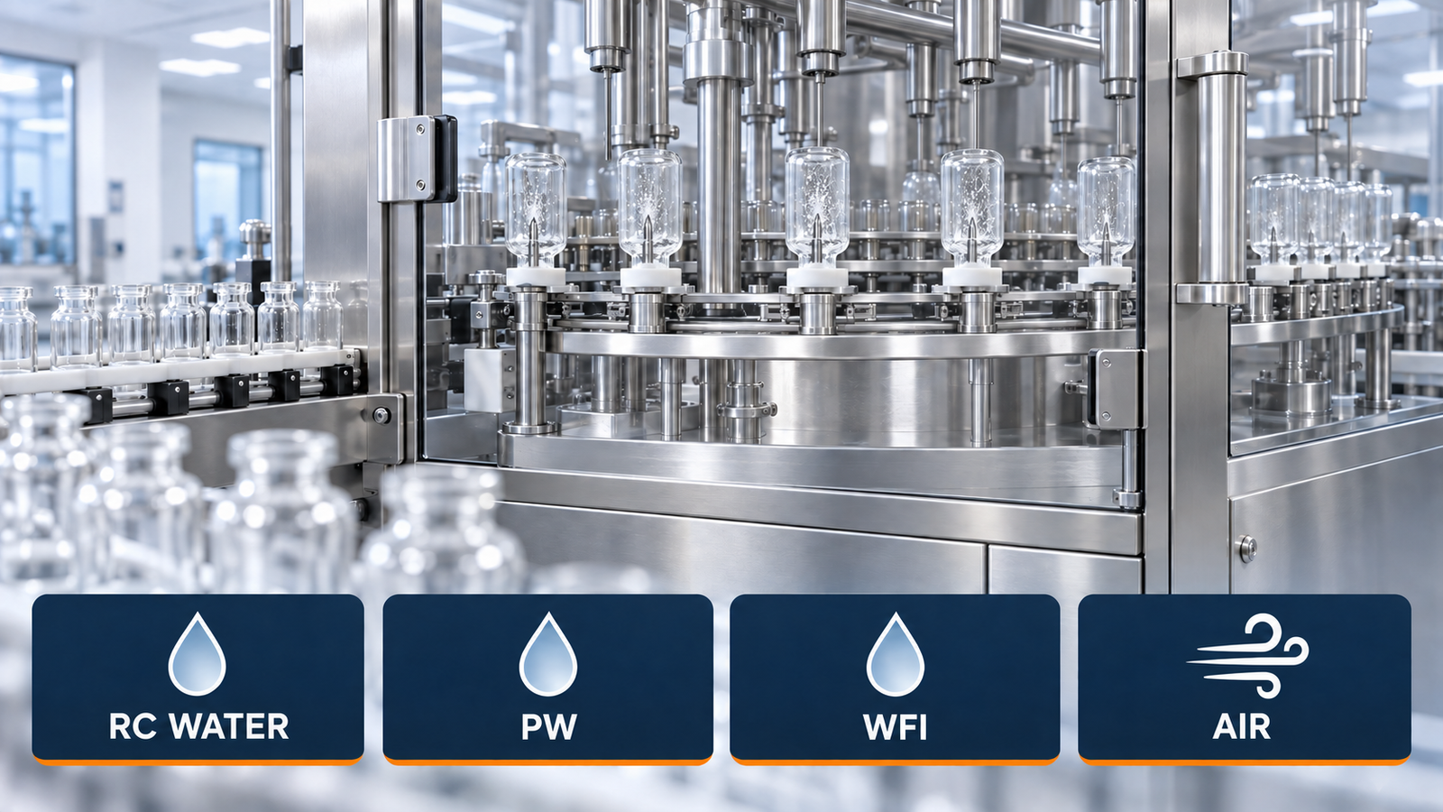 AI-generated illustration of a stainless-steel vial washing machine with inverted glass vials and labels for RC Water, PW, WFI and Air