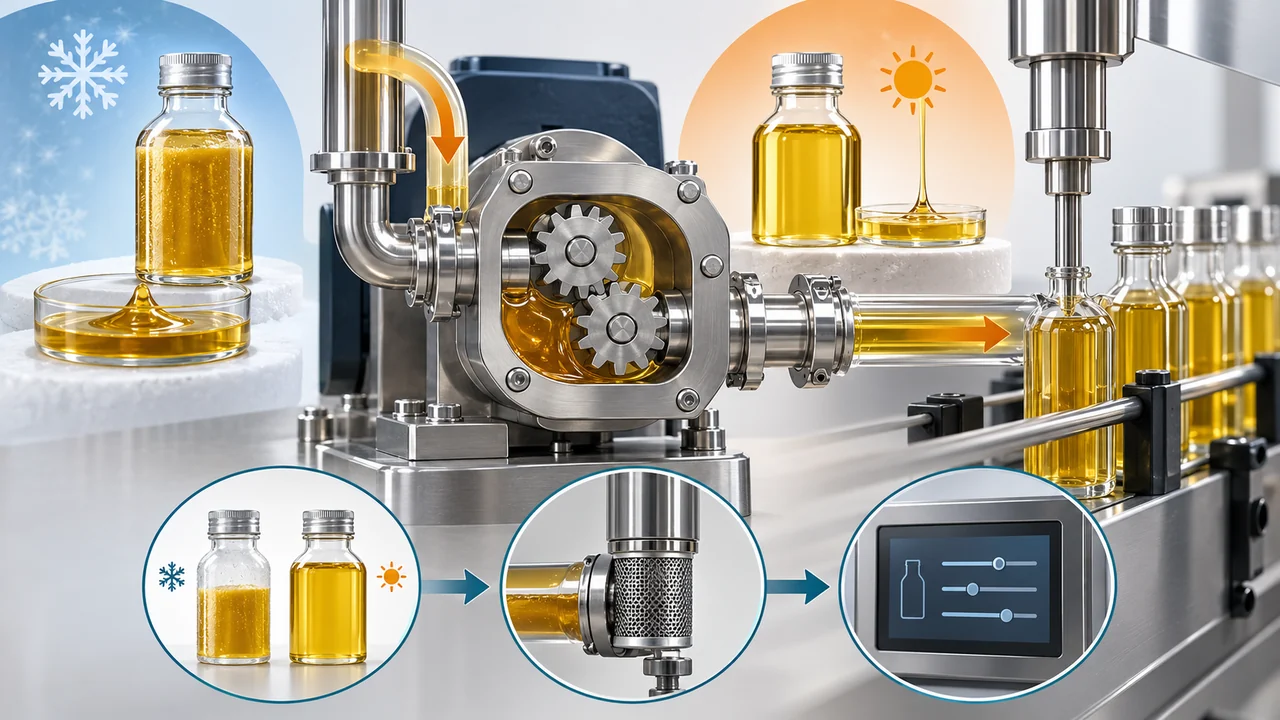 AI-generated conceptual illustration of oil samples and a gear-pump filling inlet for seasonal comparison