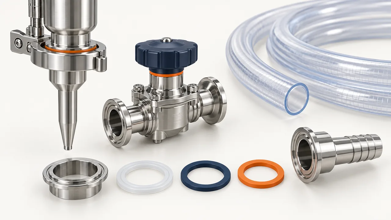 AI-generated conceptual illustration of a filling nozzle, valve, seals, tubing and connector