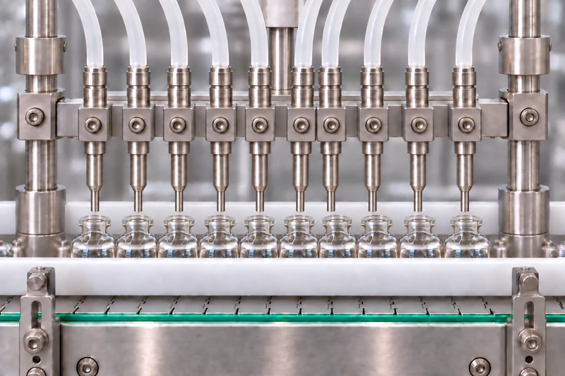 AI-generated illustration of ten filling nozzles above glass vials