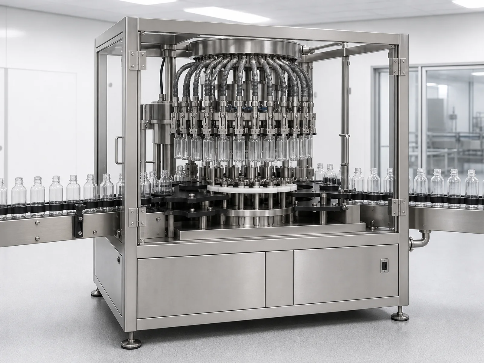 AI-generated conceptual visualization of Automatic Air Jet Bottle Cleaning Machine; final machine configuration may vary