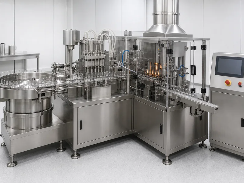 AI-generated conceptual visualization of an ampoule filling and sealing machine; final configuration is project-specific