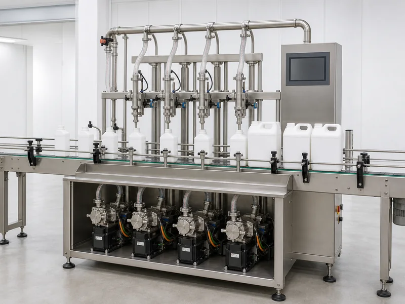 AI-generated conceptual visualization of Automatic 4 Head Servo Gear Pump Liquid Filling Machine; final machine configuration may vary
