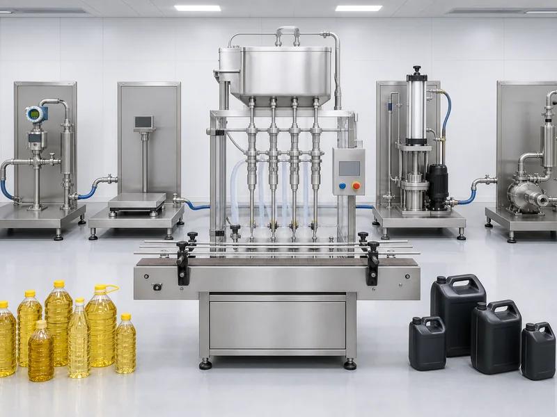 AI-generated conceptual visualization of Automatic Oil Filling Machine Solutions for Edible Oils and Lubricants; final machine configuration may vary