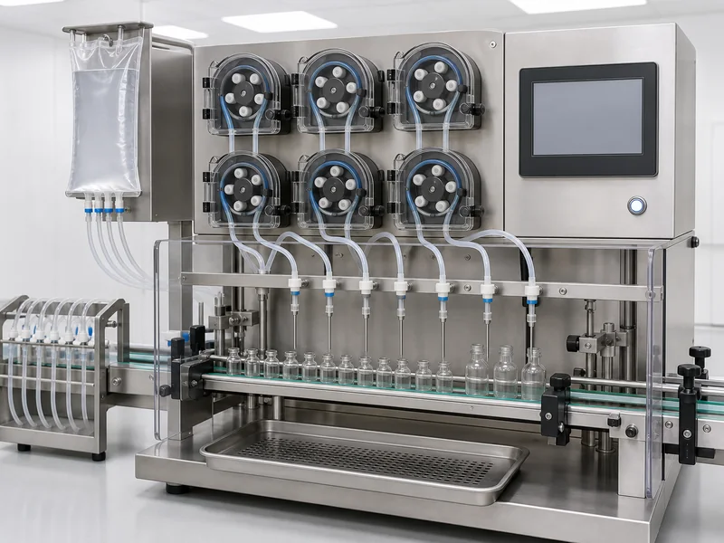 AI-generated conceptual visualization of Automatic Peristaltic Pump Liquid Filling Machine; final machine configuration may vary