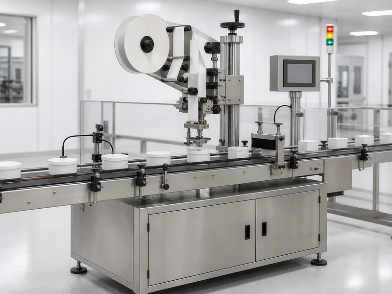 AI-generated conceptual visualization of Automatic Top Side Sticker Labeling Machine; final machine configuration may vary